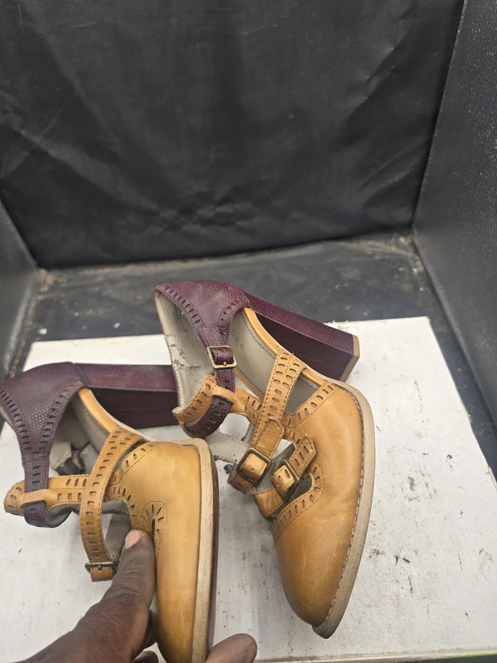 Hinge Women Two-Tone Mary Jane Heel in Mustard and Burgundy